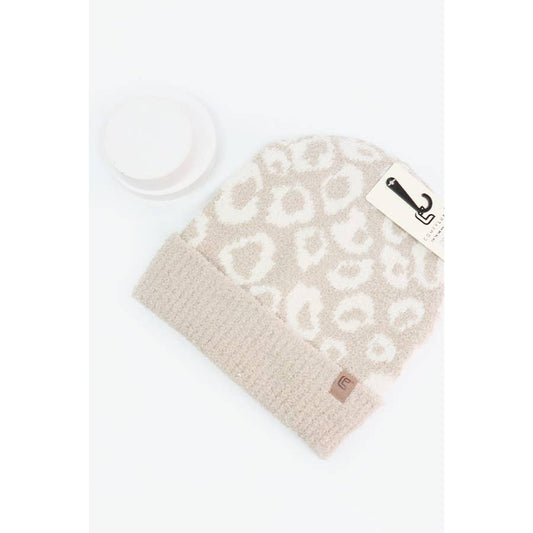 Leopard Beanie with Ribbed Cuff: BEIGE