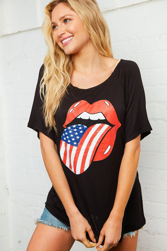 Black Boat Neck Patriotic Graphic Tee