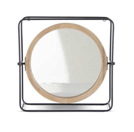 Black Metal Framed Round Wood Mirror