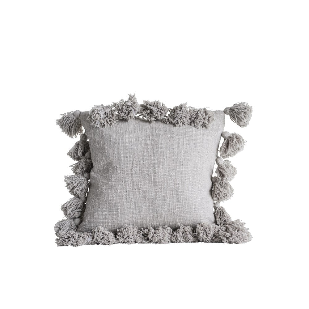 Square Cotton Pillow w/ Tassels - Grey