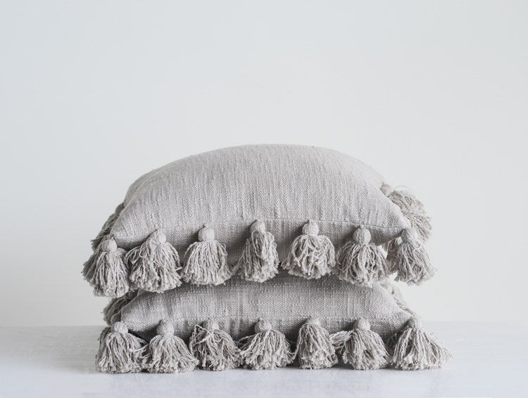 Square Cotton Pillow w/ Tassels - Grey