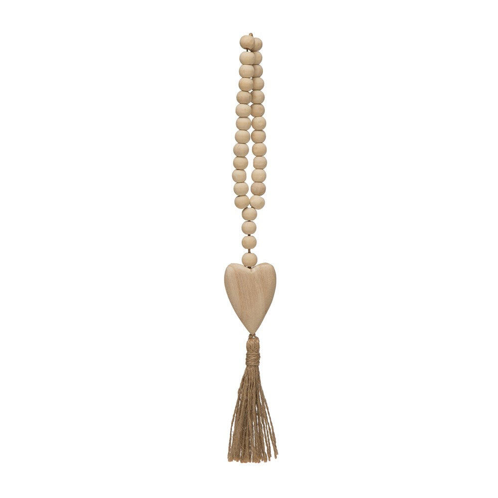 Wood Beads w/ Heart Pendant & Jute Tassel