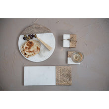 Load image into Gallery viewer, Hand-Carved Mango Wood &amp; Marble Serving Board with Engraved Design
