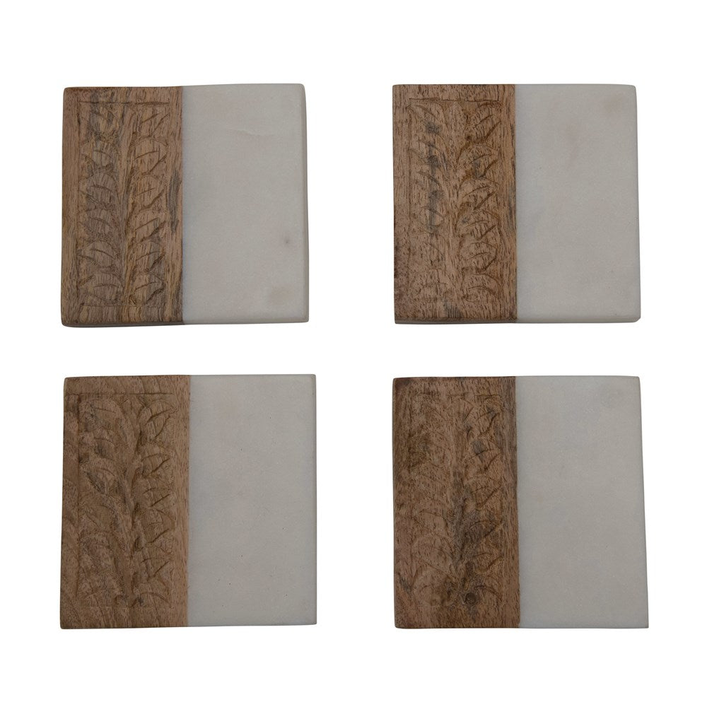 Hand-Carved Mango Wood & Marble Coasters with Engraved Design, White & Natural, Set of 4