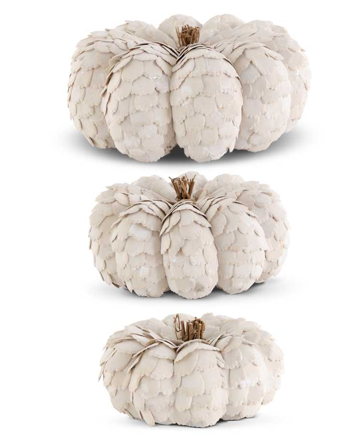 White Scalloped Wood Chip Pumpkins